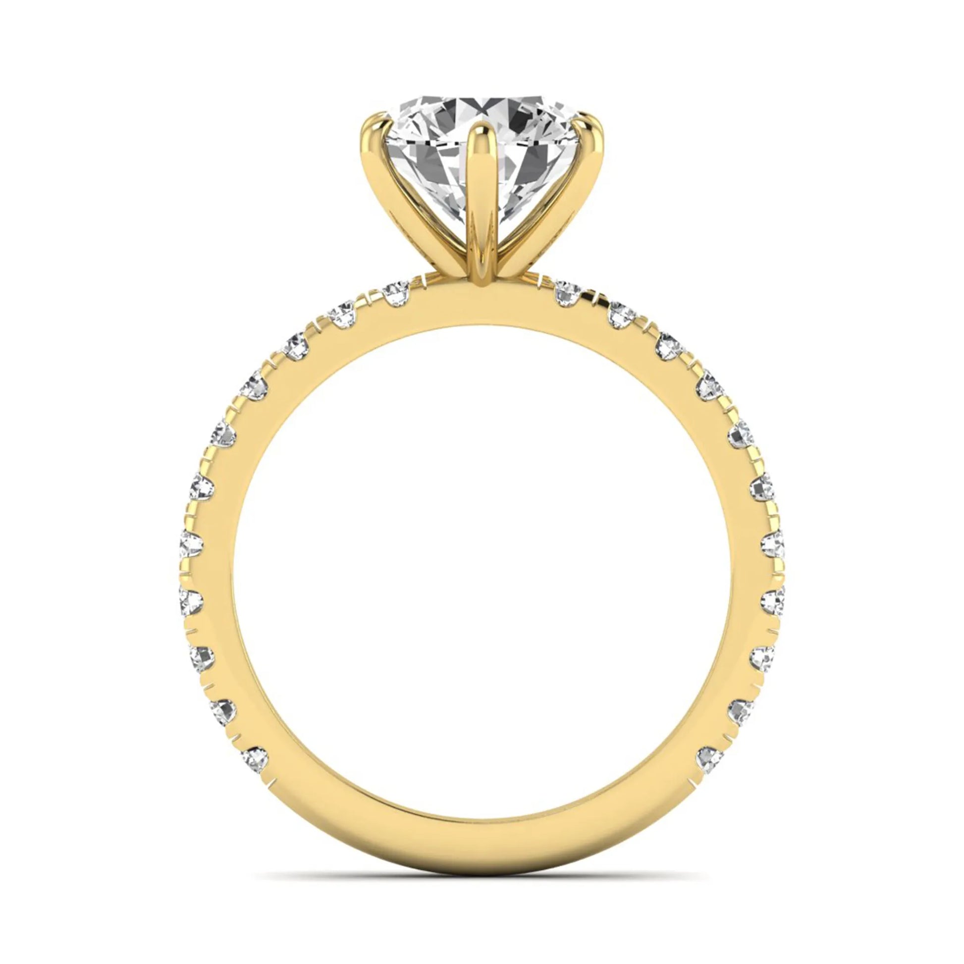 Round cut lab grown diamond solitaire engagement ring with pavé band in yellow gold design.