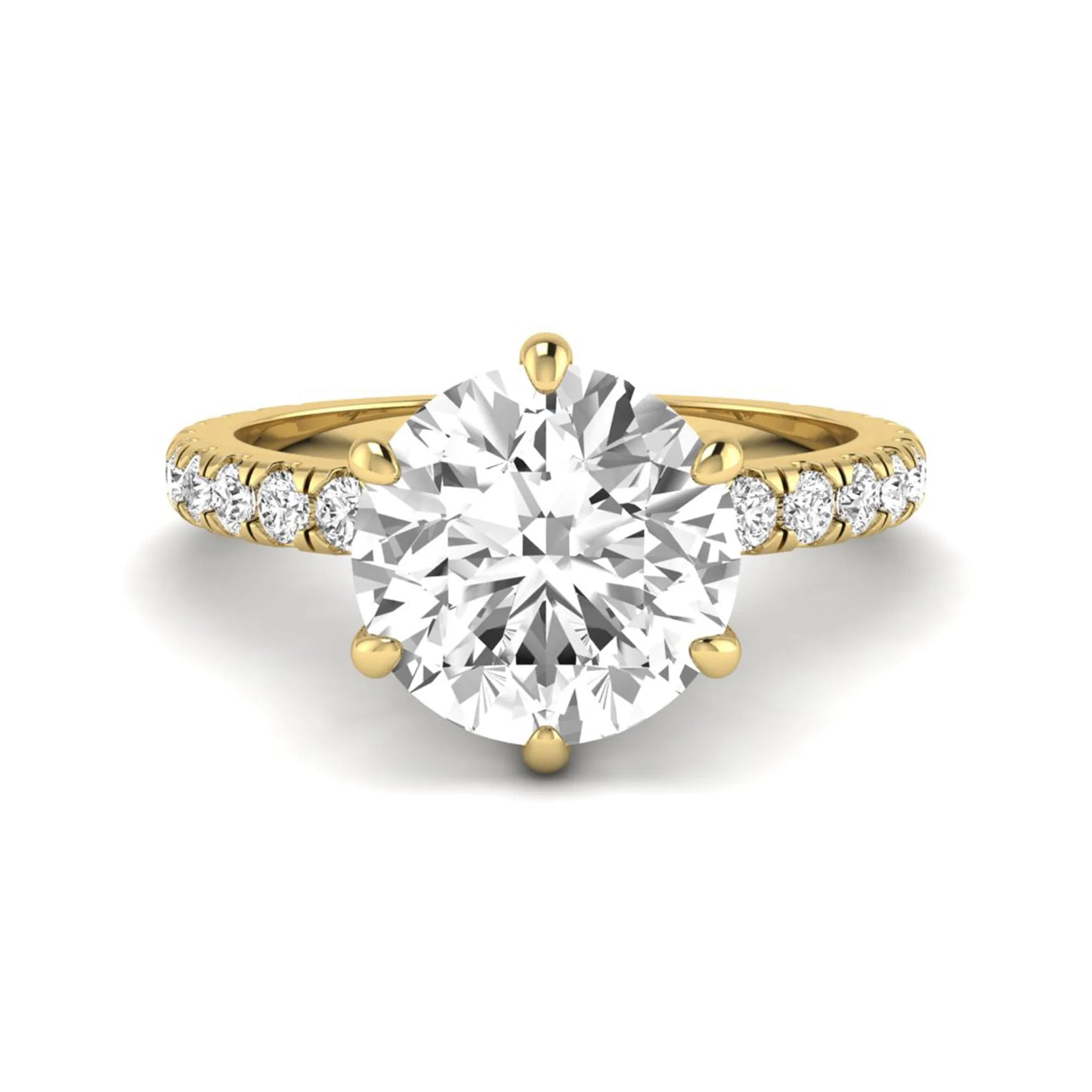 Round cut lab grown diamond solitaire engagement ring with pavé band in yellow gold design.