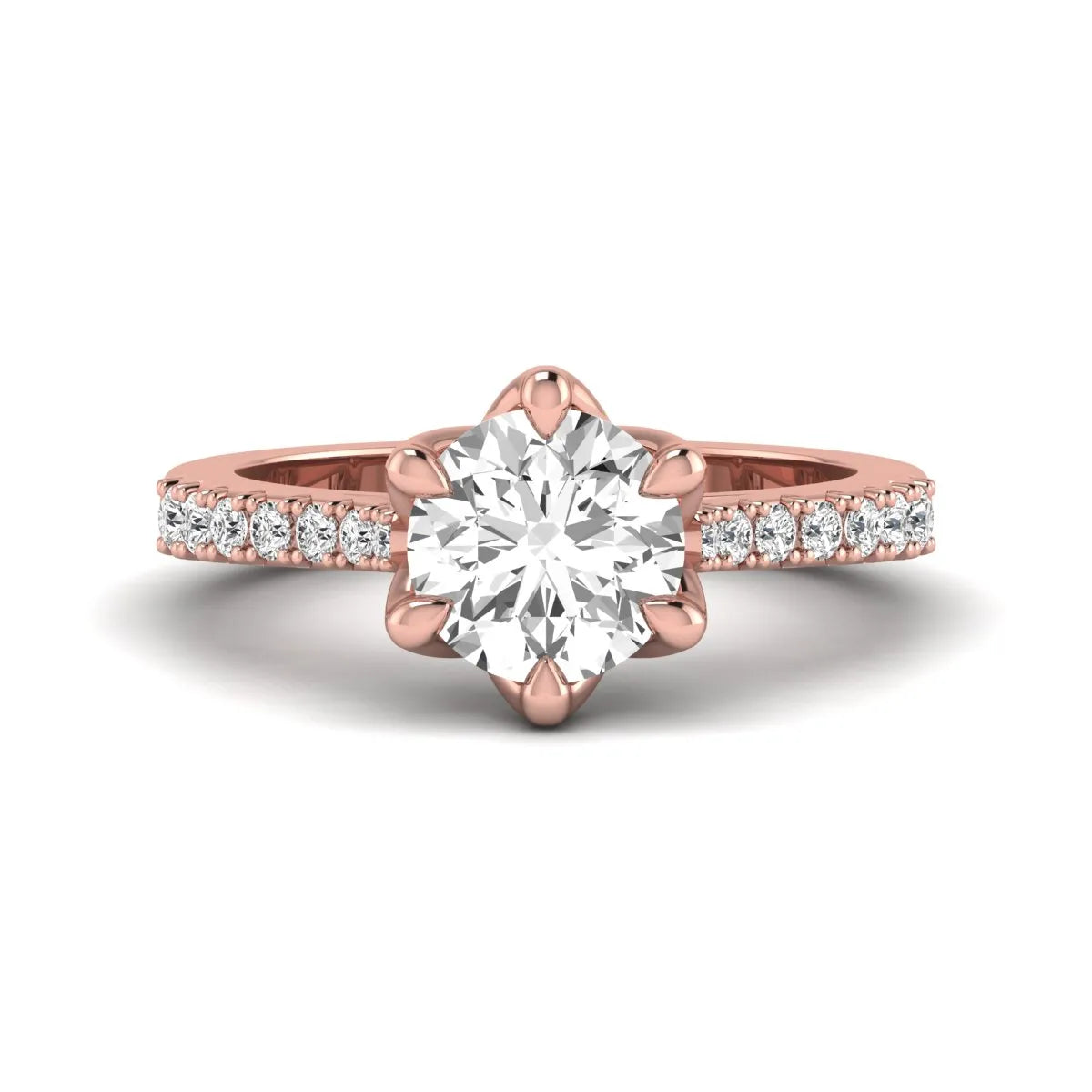 Round solitaire pavé lab grown diamond engagement ring featuring a 2.43 carat round brilliant IGI certified center diamond with pavé accent diamonds on a rose gold band.
