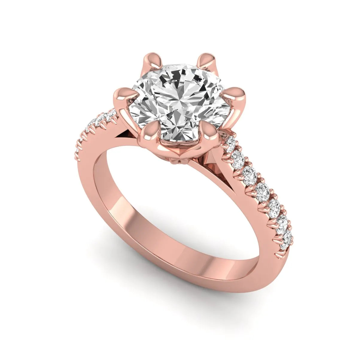 Round solitaire pavé lab grown diamond engagement ring featuring a 2.43 carat round brilliant IGI certified center diamond with pavé accent diamonds on a rose gold band.