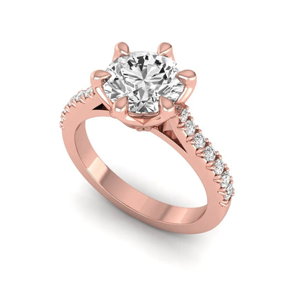 Round solitaire pavé lab grown diamond engagement ring featuring a 2.43 carat round brilliant IGI certified center diamond with pavé accent diamonds on a rose gold band.