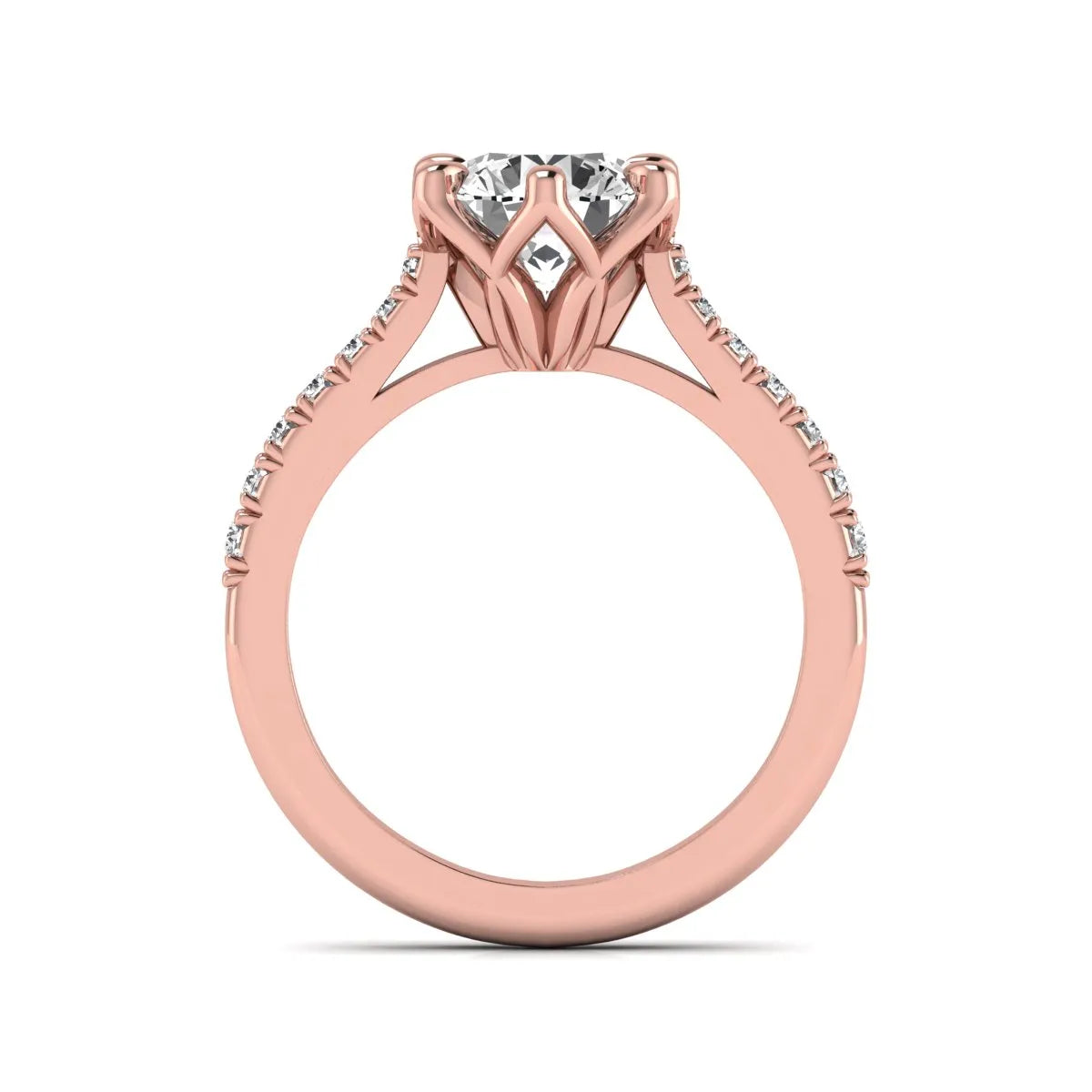 Round solitaire pavé lab grown diamond engagement ring featuring a 2.43 carat round brilliant IGI certified center diamond with pavé accent diamonds on a rose gold band.