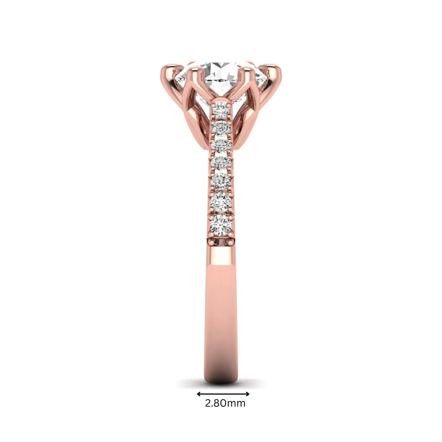 Round solitaire pavé lab grown diamond engagement ring featuring a 2.43 carat round brilliant IGI certified center diamond with pavé accent diamonds on a rose gold band.