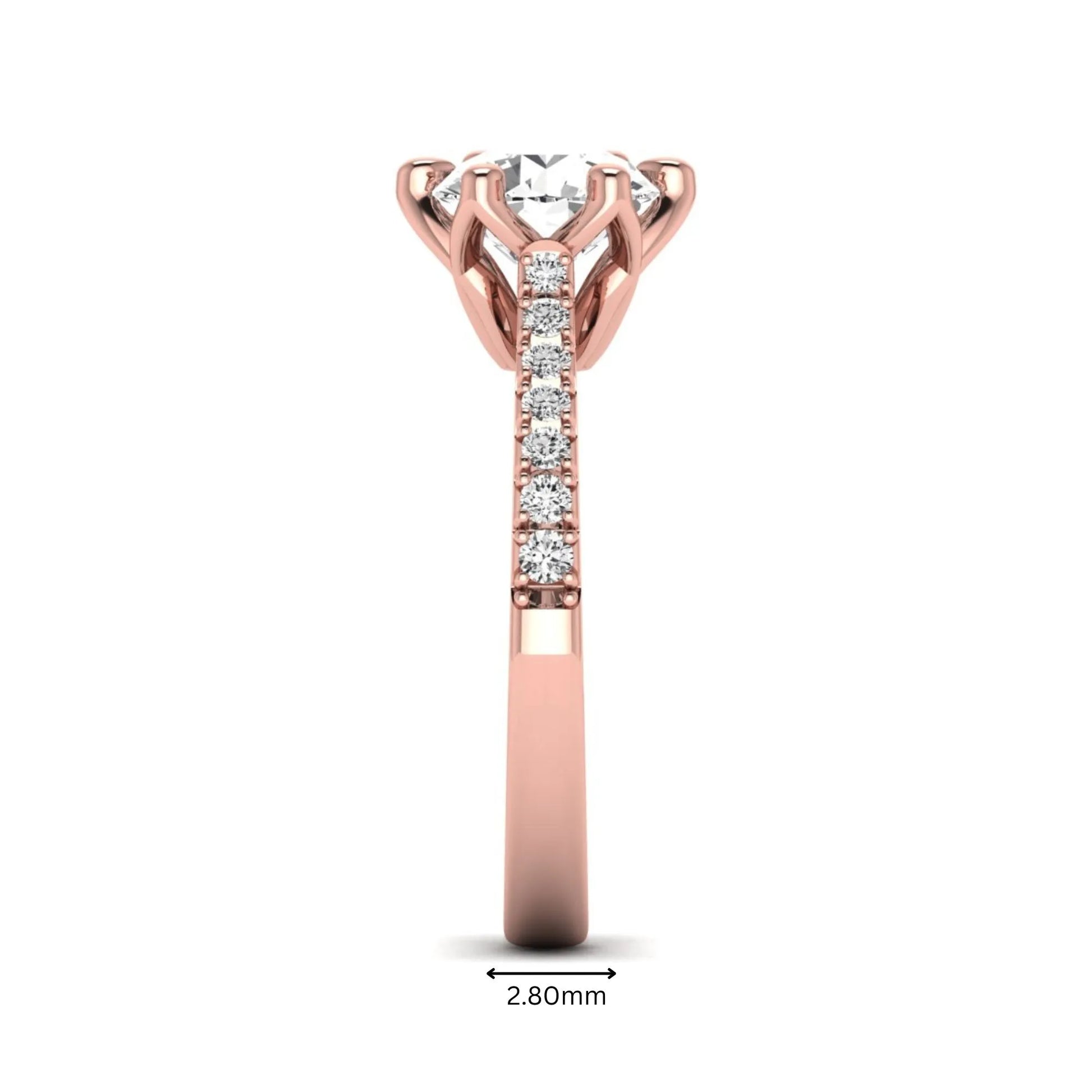Round solitaire pavé lab grown diamond engagement ring featuring a 2.43 carat round brilliant IGI certified center diamond with pavé accent diamonds on a rose gold band.