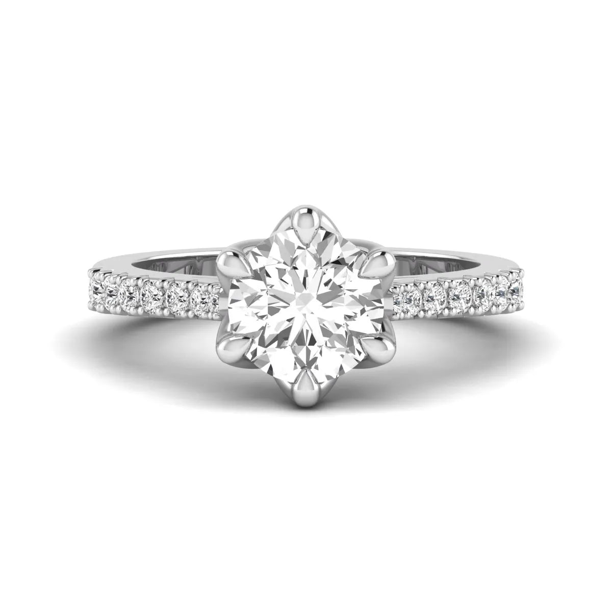 Round solitaire pavé lab grown diamond engagement ring featuring a 2.43 carat round brilliant IGI certified center diamond with pavé accent diamonds on a white gold band.
