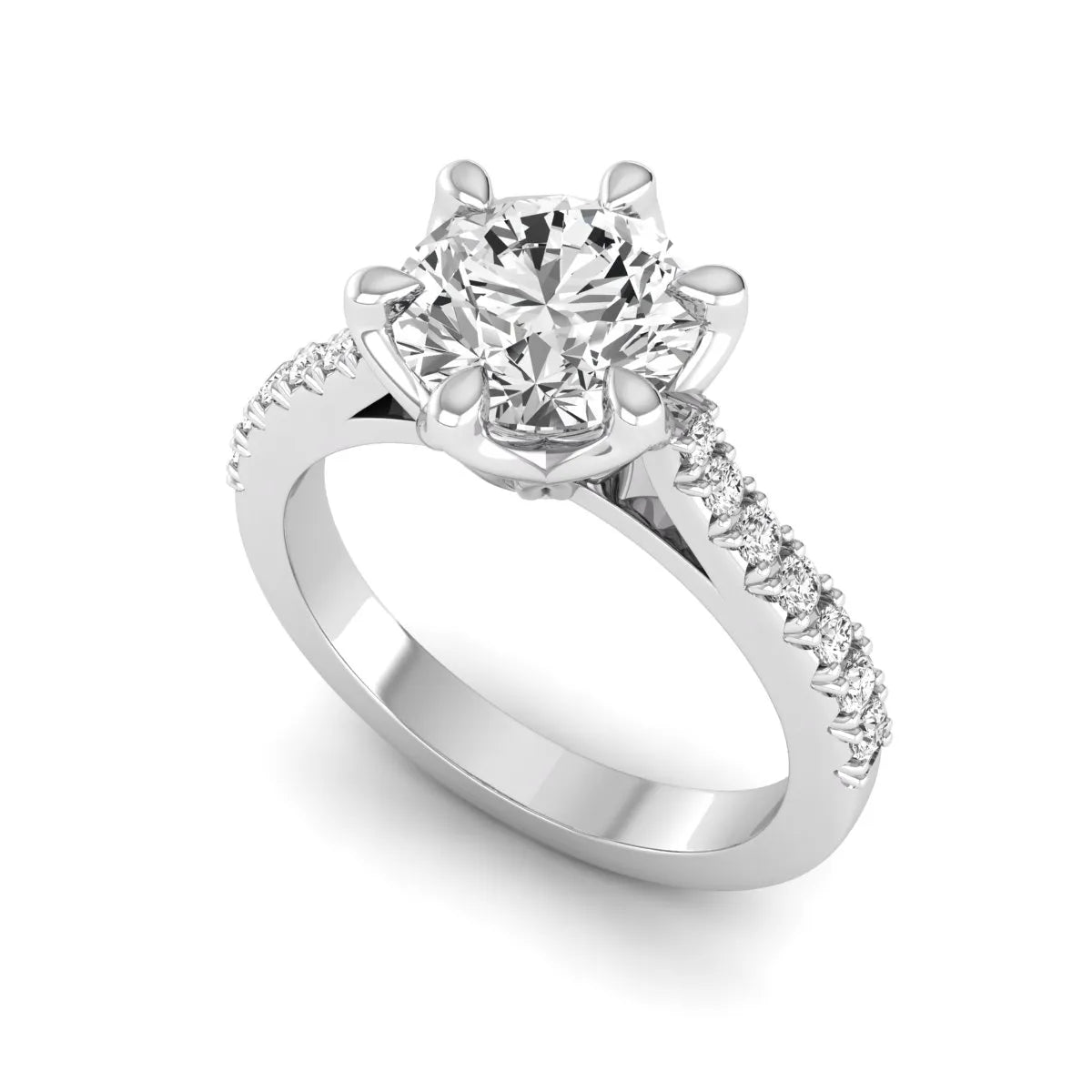 Round solitaire pavé lab grown diamond engagement ring featuring a 2.43 carat round brilliant IGI certified center diamond with pavé accent diamonds on a white gold band.