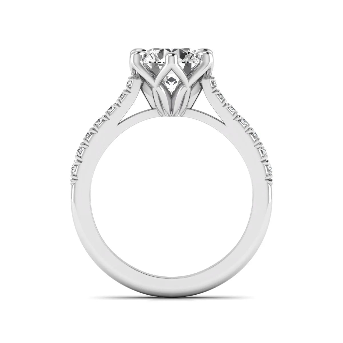 Round solitaire pavé lab grown diamond engagement ring featuring a 2.43 carat round brilliant IGI certified center diamond with pavé accent diamonds on a white gold band.