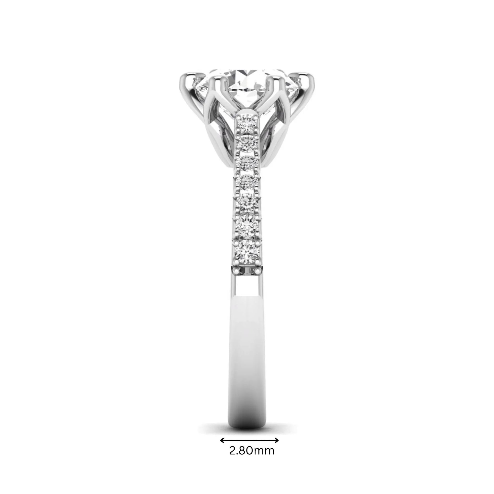 Round solitaire pavé lab grown diamond engagement ring featuring a 2.43 carat round brilliant IGI certified center diamond with pavé accent diamonds on a white gold band.