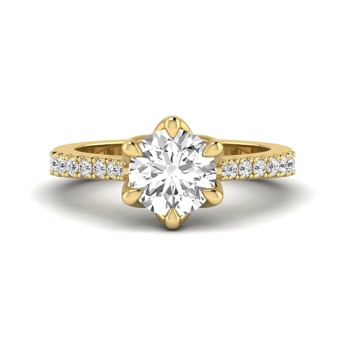 Round solitaire pavé lab grown diamond engagement ring featuring a 2.43 carat round brilliant IGI certified center diamond with pavé accent diamonds on a yellow gold band.