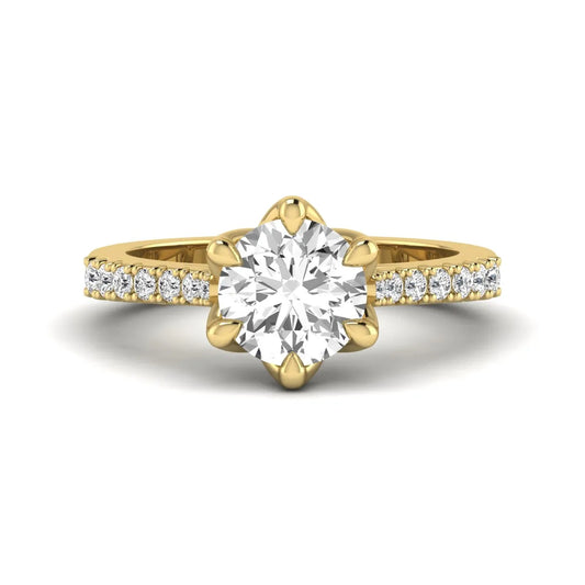 Round solitaire pavé lab grown diamond engagement ring featuring a 2.43 carat round brilliant IGI certified center diamond with pavé accent diamonds on a yellow gold band.