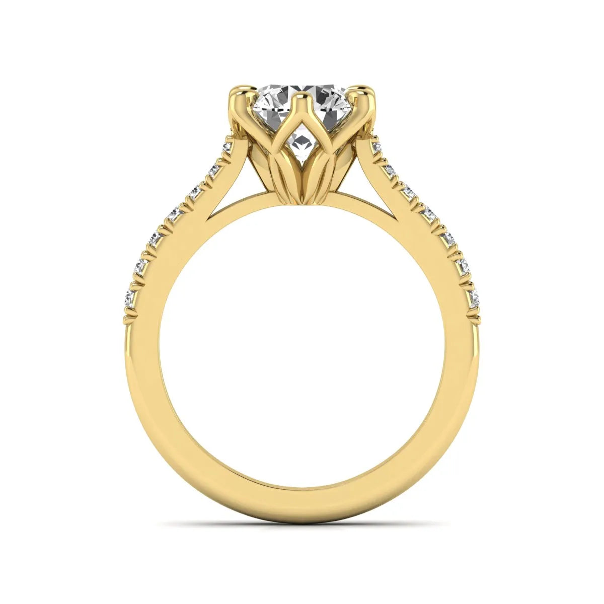 Round solitaire pavé lab grown diamond engagement ring featuring a 2.43 carat round brilliant IGI certified center diamond with pavé accent diamonds on a yellow gold band.