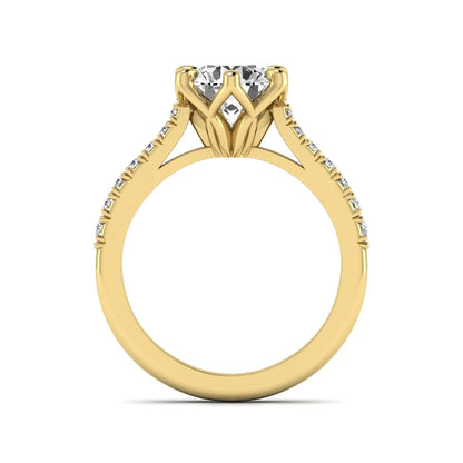 Round solitaire pavé lab grown diamond engagement ring featuring a 2.43 carat round brilliant IGI certified center diamond with pavé accent diamonds on a yellow gold band.