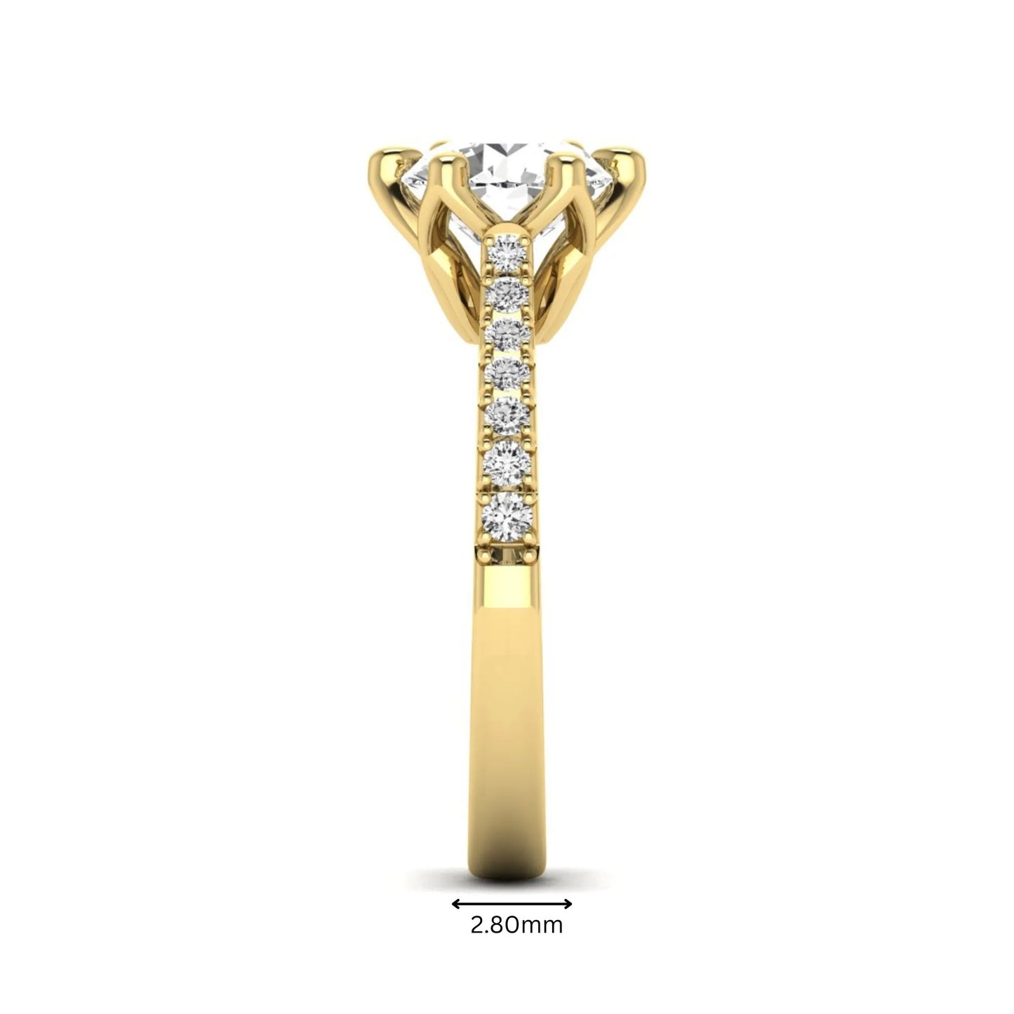 Round solitaire pavé lab grown diamond engagement ring featuring a 2.43 carat round brilliant IGI certified center diamond with pavé accent diamonds on a yellow gold band.
