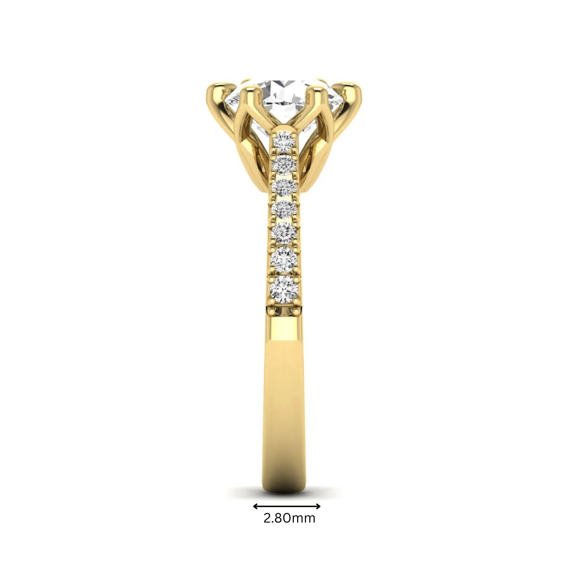 Round solitaire pavé lab grown diamond engagement ring featuring a 2.43 carat round brilliant IGI certified center diamond with pavé accent diamonds on a yellow gold band.
