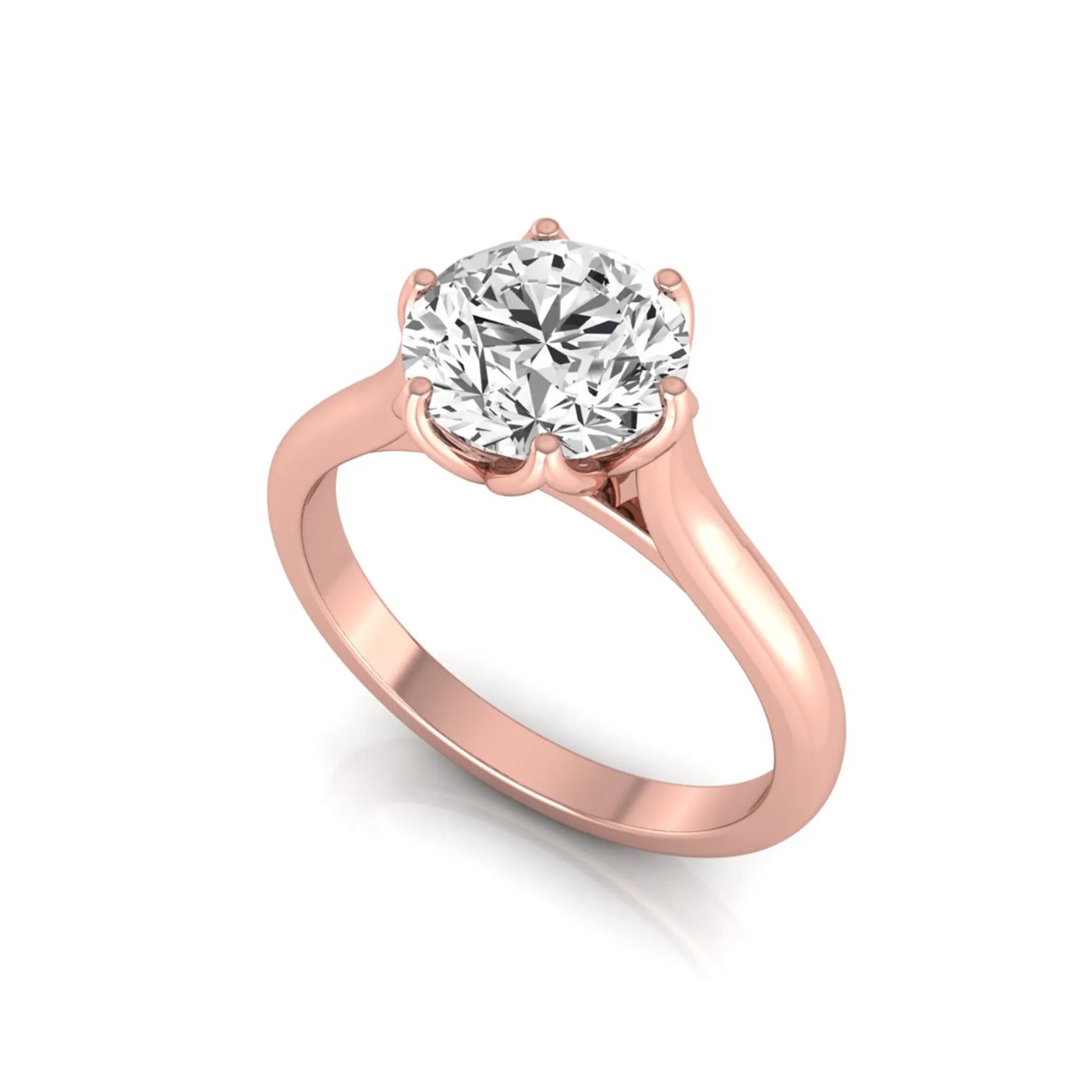 Round cut lab grown diamond solitaire engagement ring featuring a classic six-prong setting on a polished rose gold style band.