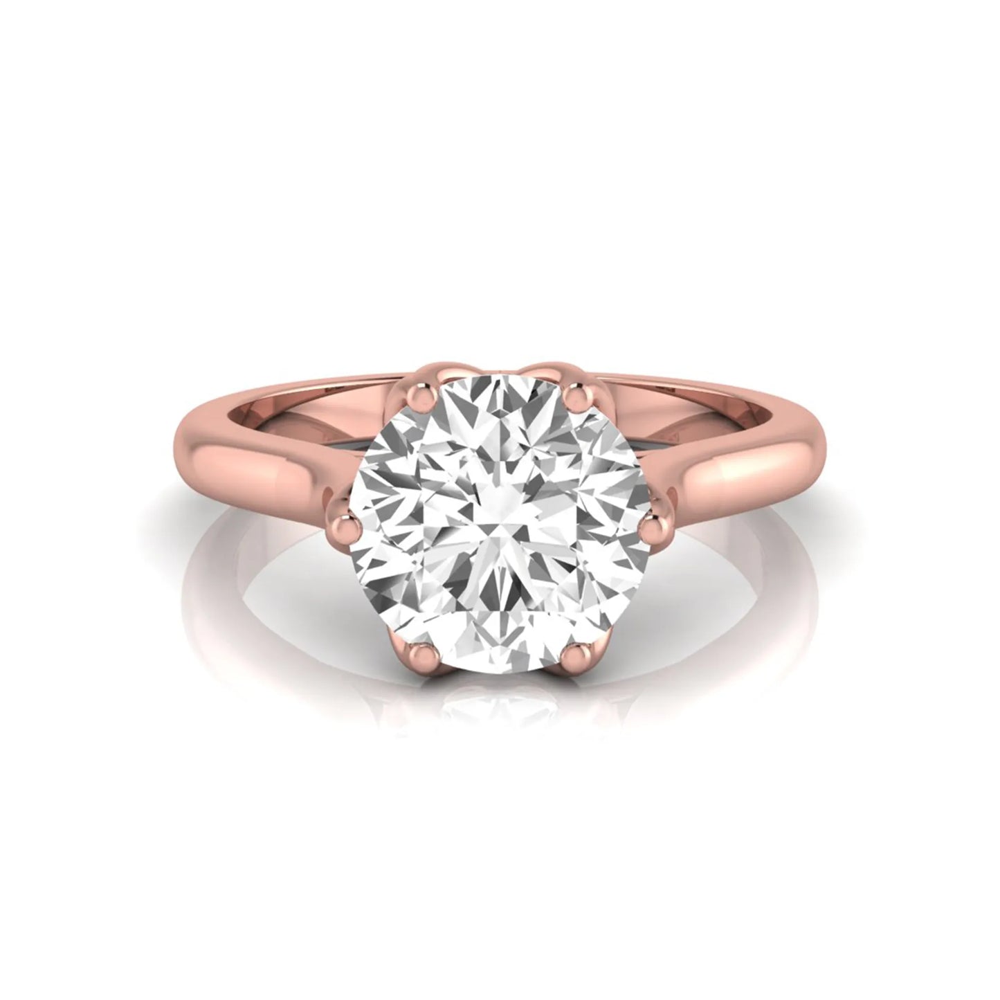 Round cut lab grown diamond solitaire engagement ring featuring a classic six-prong setting on a polished rose gold style band.