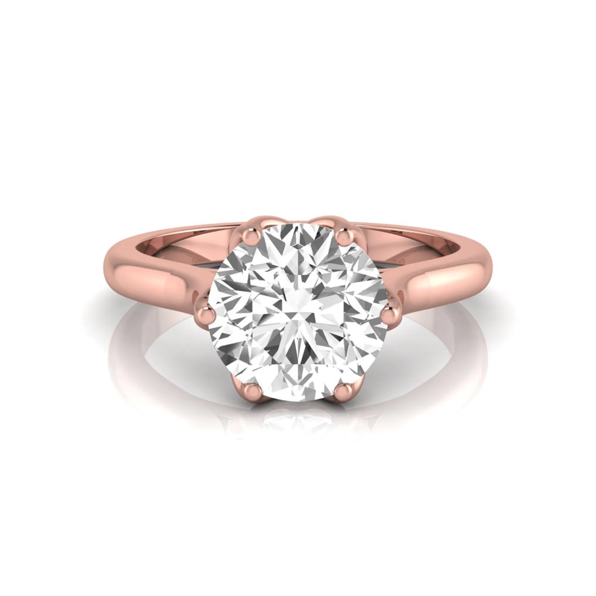 Round cut lab grown diamond solitaire engagement ring featuring a classic six-prong setting on a polished rose gold style band.