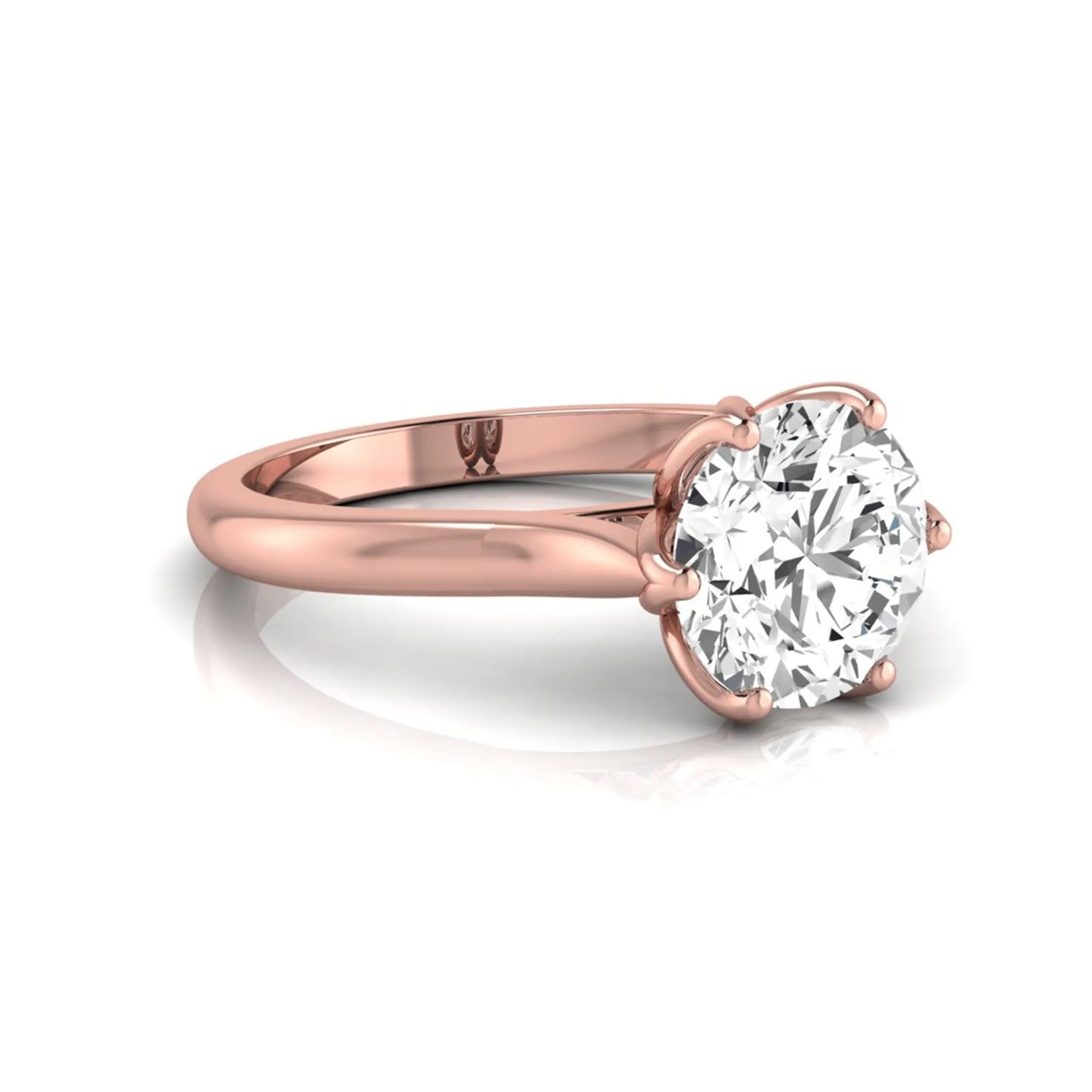Round cut lab grown diamond solitaire engagement ring featuring a classic six-prong setting on a polished rose gold style band.