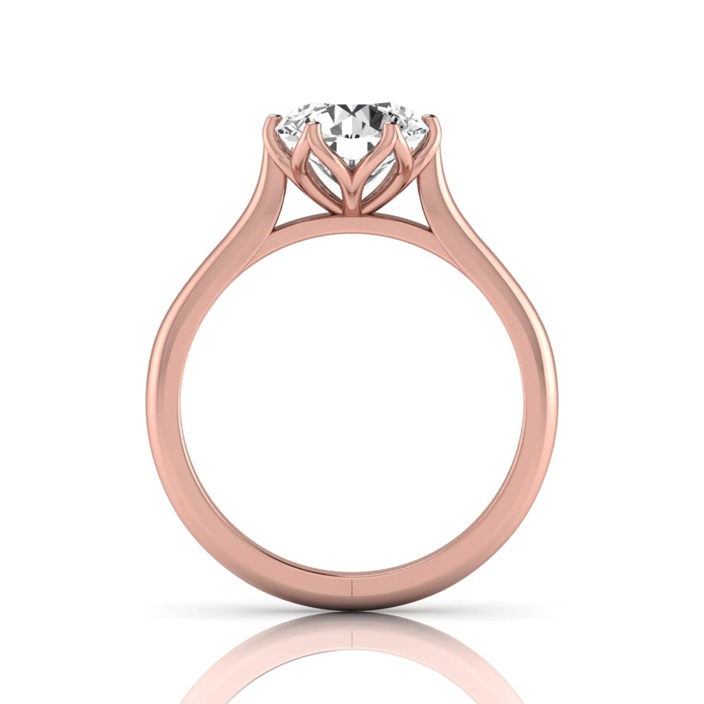 Round cut lab grown diamond solitaire engagement ring featuring a classic six-prong setting on a polished rose gold style band.