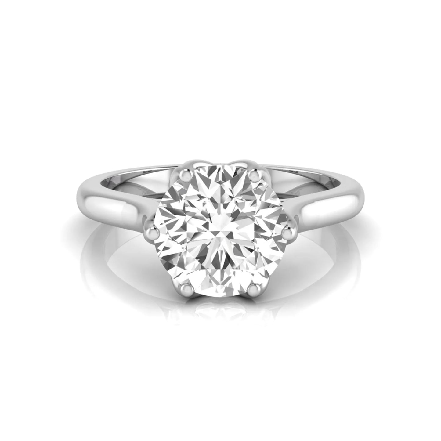 Round cut lab grown diamond solitaire engagement ring featuring a classic six-prong setting on a polished white gold style band.