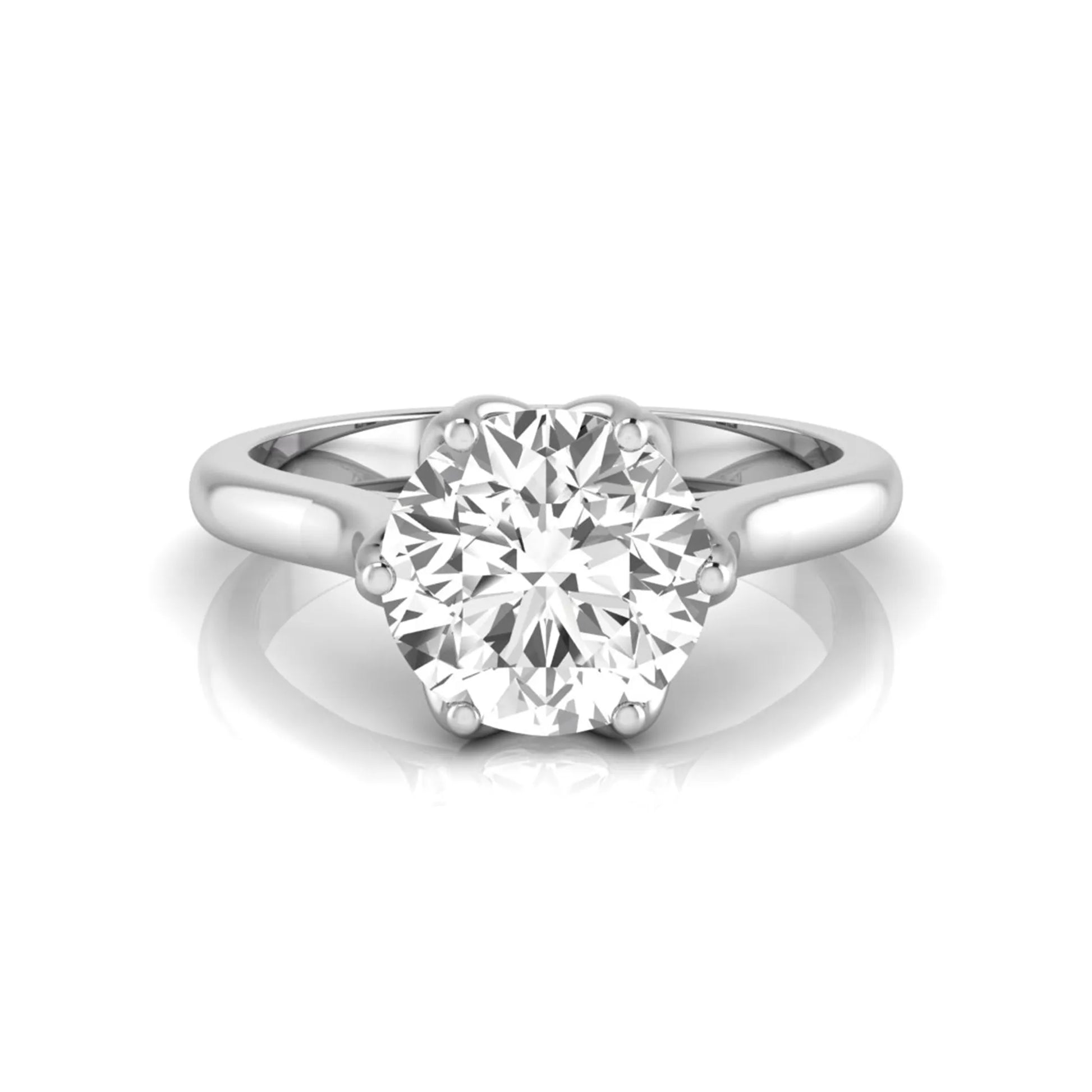 Round cut lab grown diamond solitaire engagement ring featuring a classic six-prong setting on a polished white gold style band.