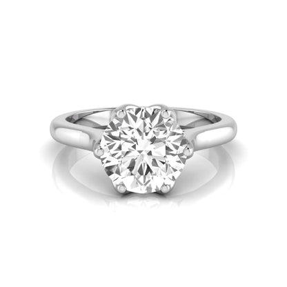 Round cut lab grown diamond solitaire engagement ring featuring a classic six-prong setting on a polished white gold style band.
