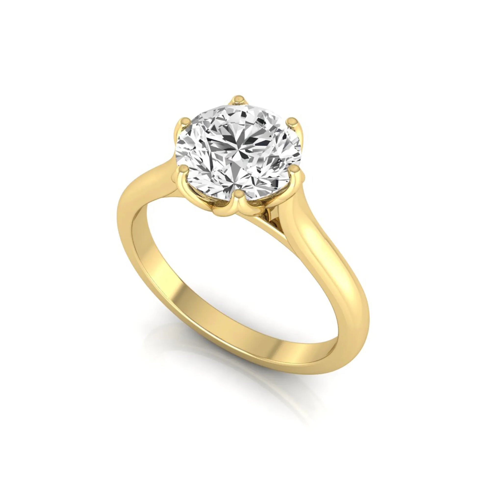 Round cut lab grown diamond solitaire engagement ring featuring a classic six-prong setting on a polished yellow gold style band.