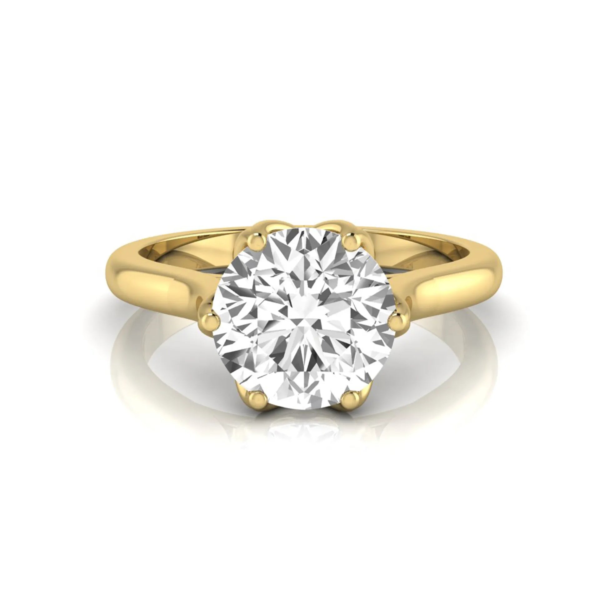 Round cut lab grown diamond solitaire engagement ring featuring a classic six-prong setting on a polished yellow gold style band.