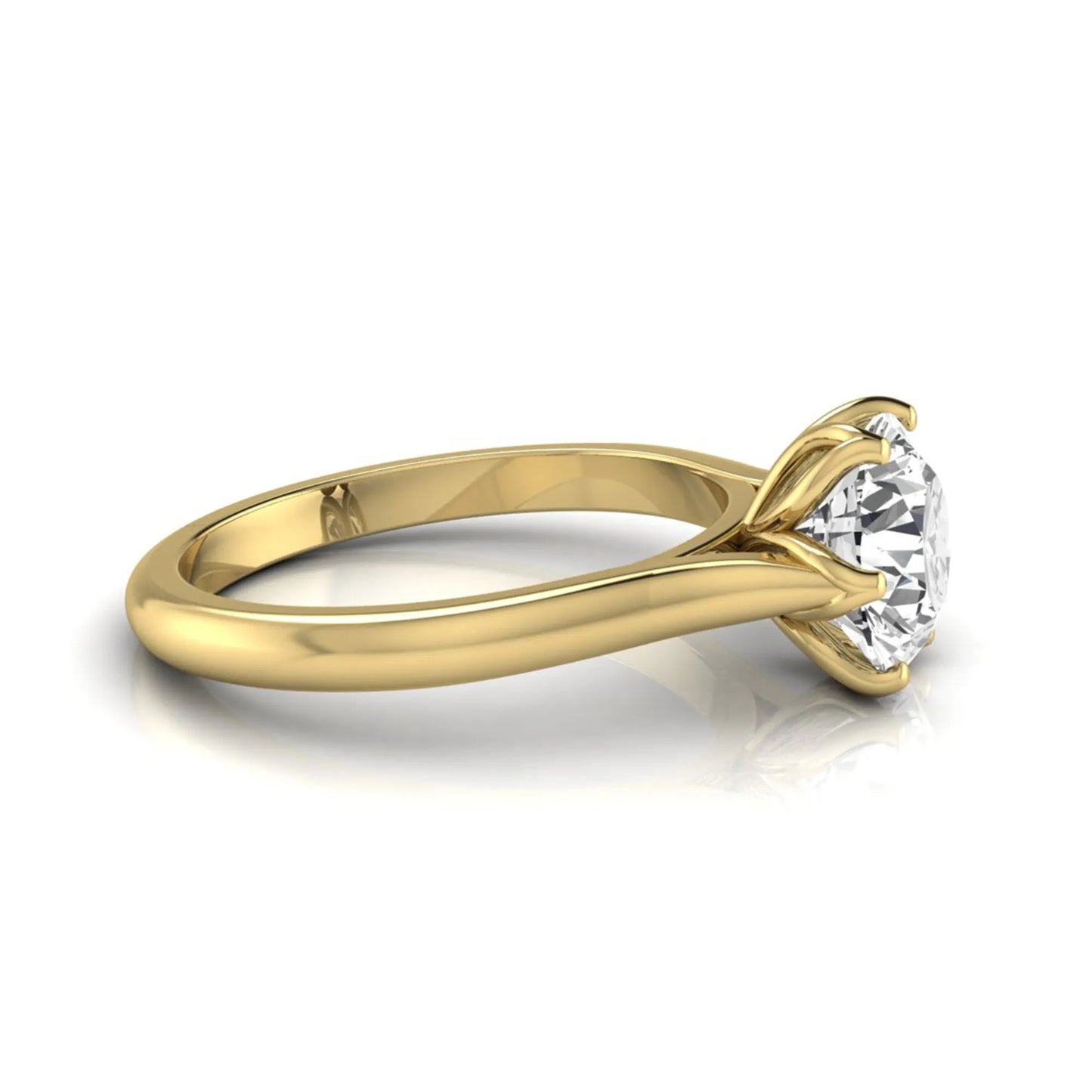 Round cut lab grown diamond solitaire engagement ring featuring a classic six-prong setting on a polished yellow gold style band.