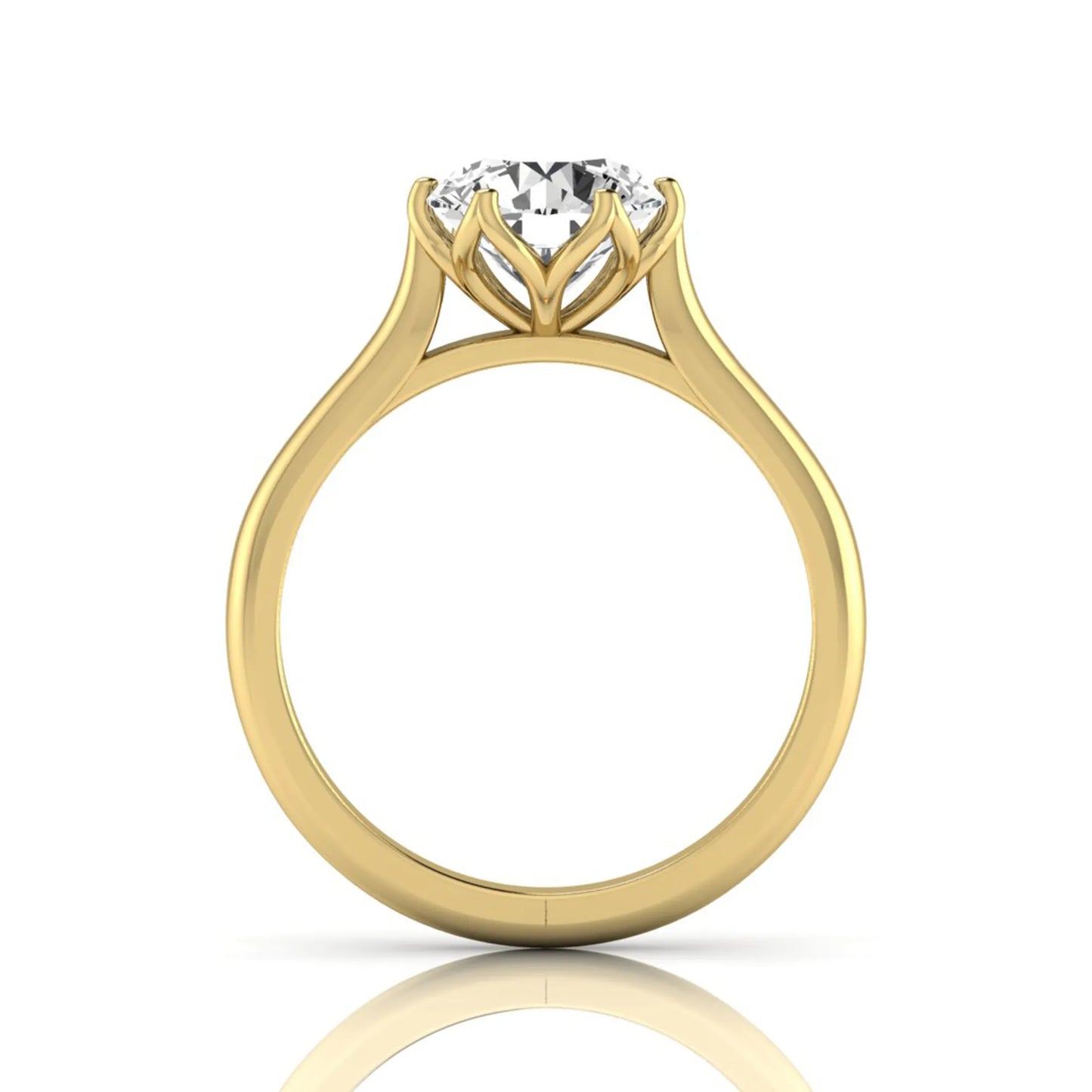 Round cut lab grown diamond solitaire engagement ring featuring a classic six-prong setting on a polished yellow gold style band.