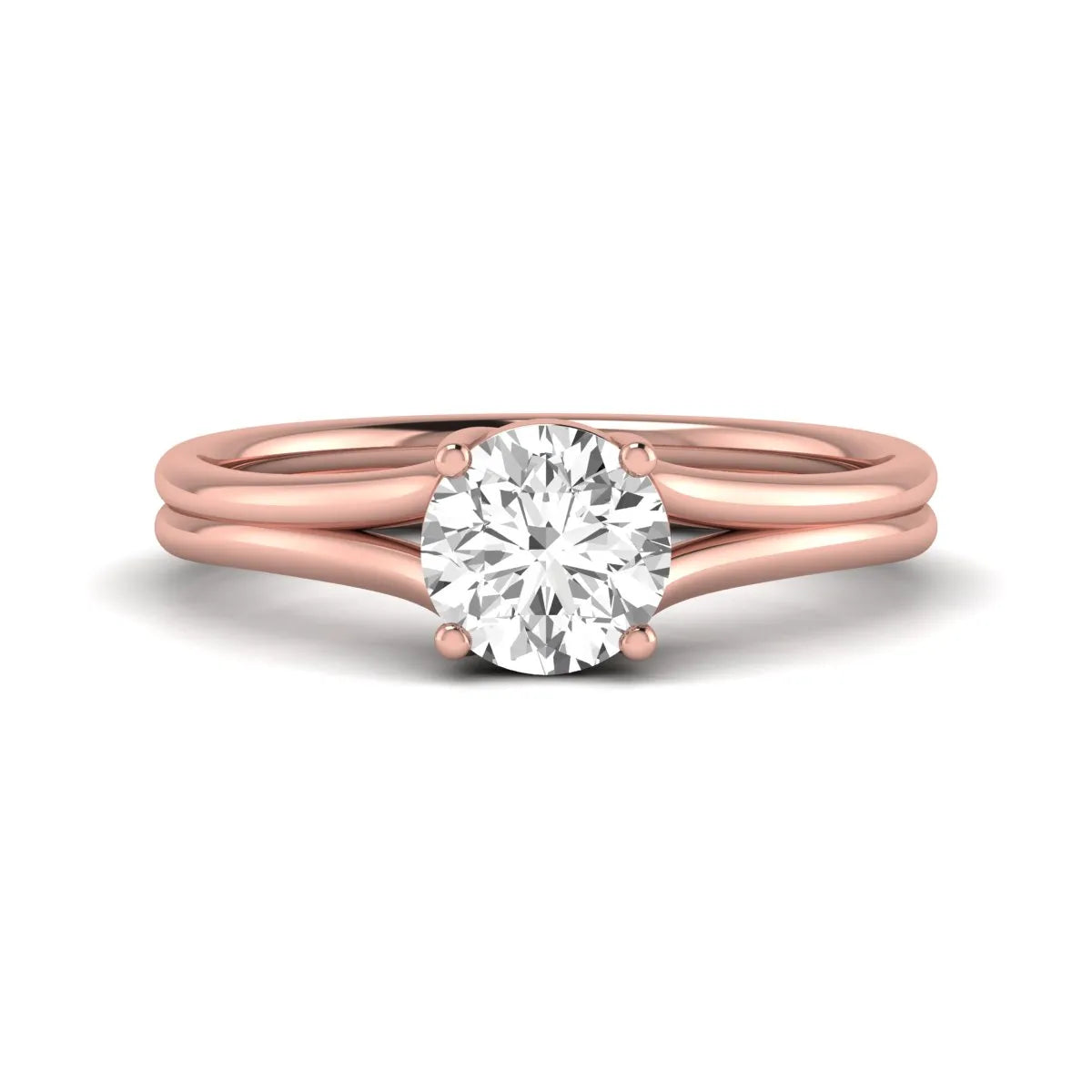 IGI certified 1.04 carat round cut lab grown diamond solitaire engagement ring with elegant split shank in rose gold.