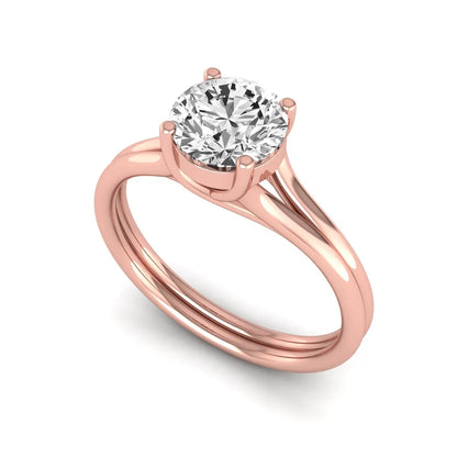 IGI certified 1.04 carat round cut lab grown diamond solitaire engagement ring with elegant split shank in rose gold.