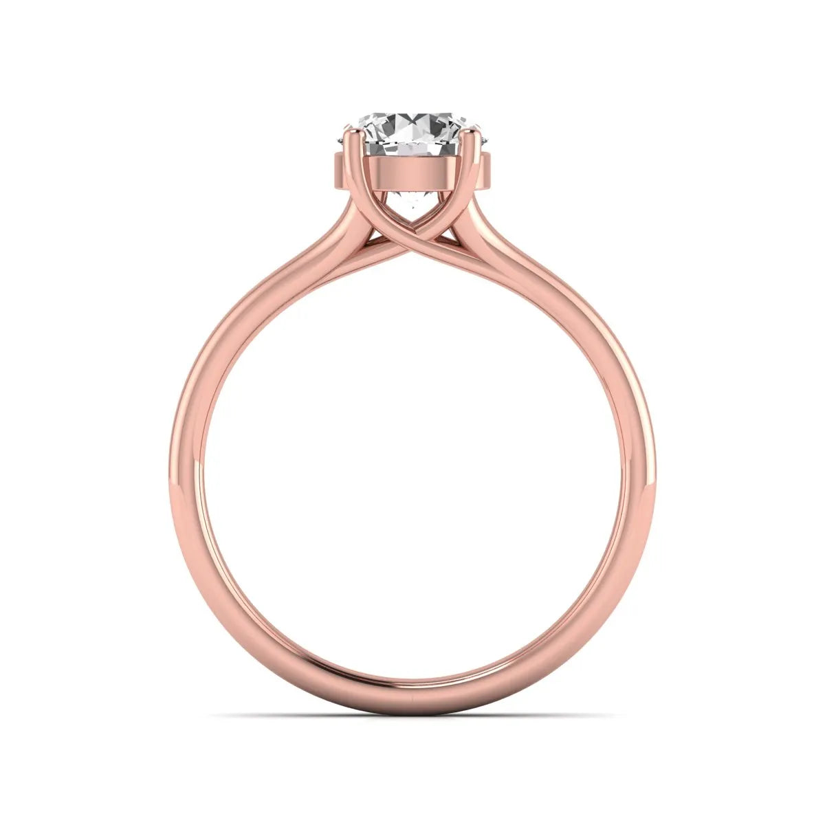 IGI certified 1.04 carat round cut lab grown diamond solitaire engagement ring with elegant split shank in rose gold.