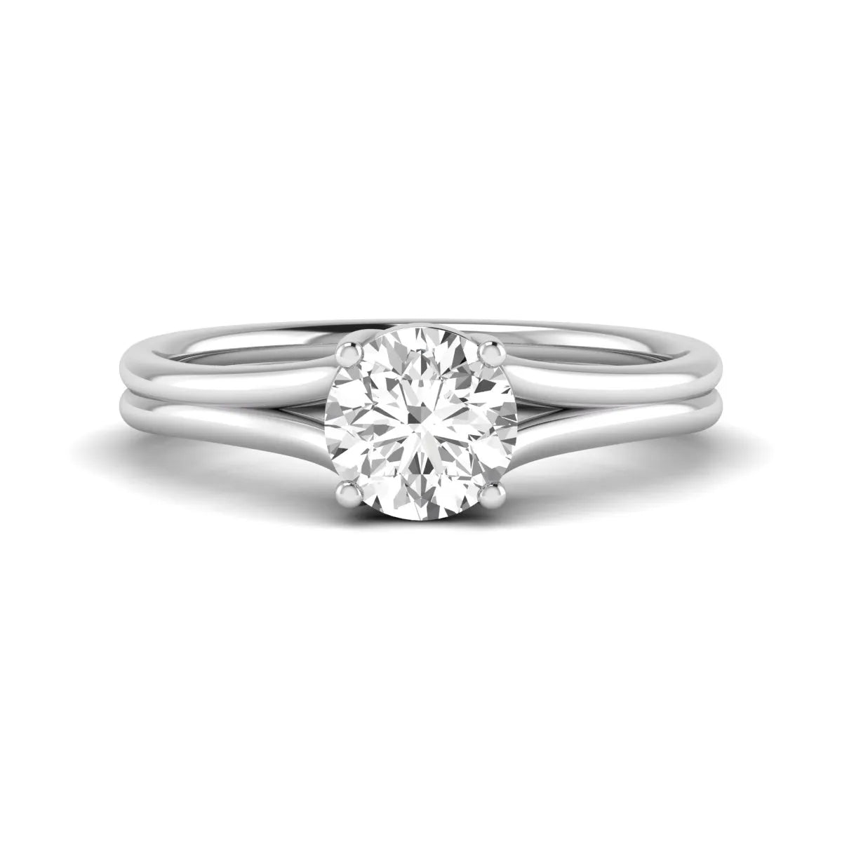 IGI certified 1.04 carat round cut lab grown diamond solitaire engagement ring with elegant split shank in white gold.