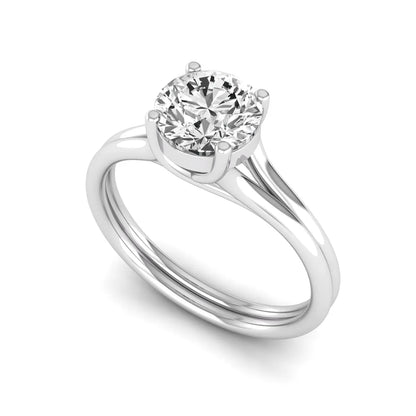 IGI certified 1.04 carat round cut lab grown diamond solitaire engagement ring with elegant split shank in white gold.