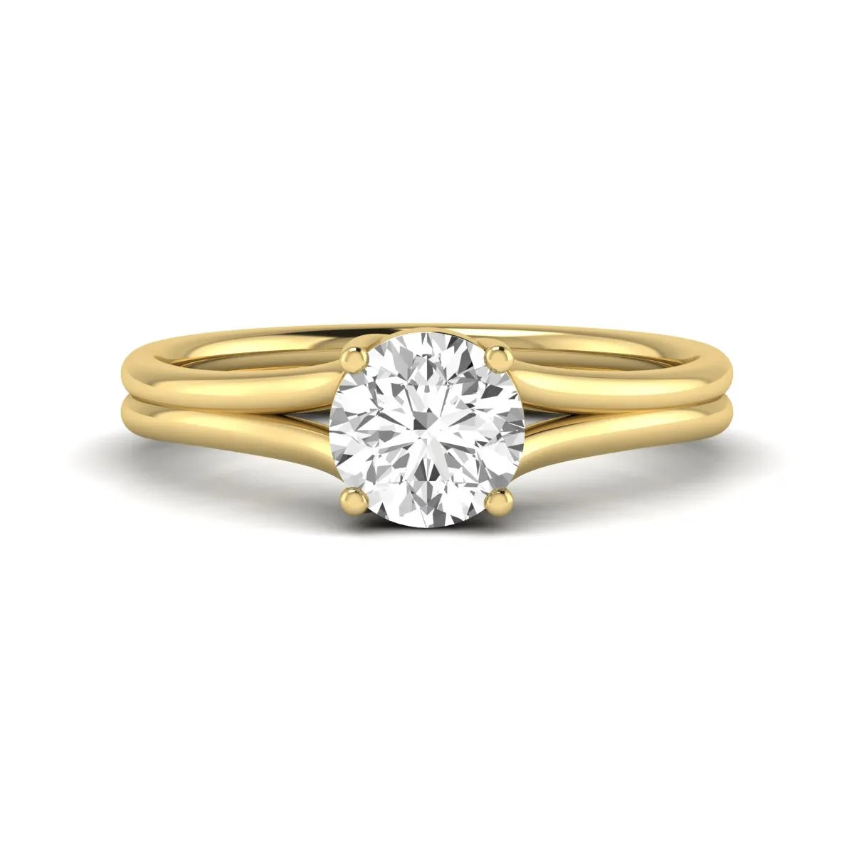 IGI certified 1.04 carat round cut lab grown diamond solitaire engagement ring with elegant split shank in yellow gold.