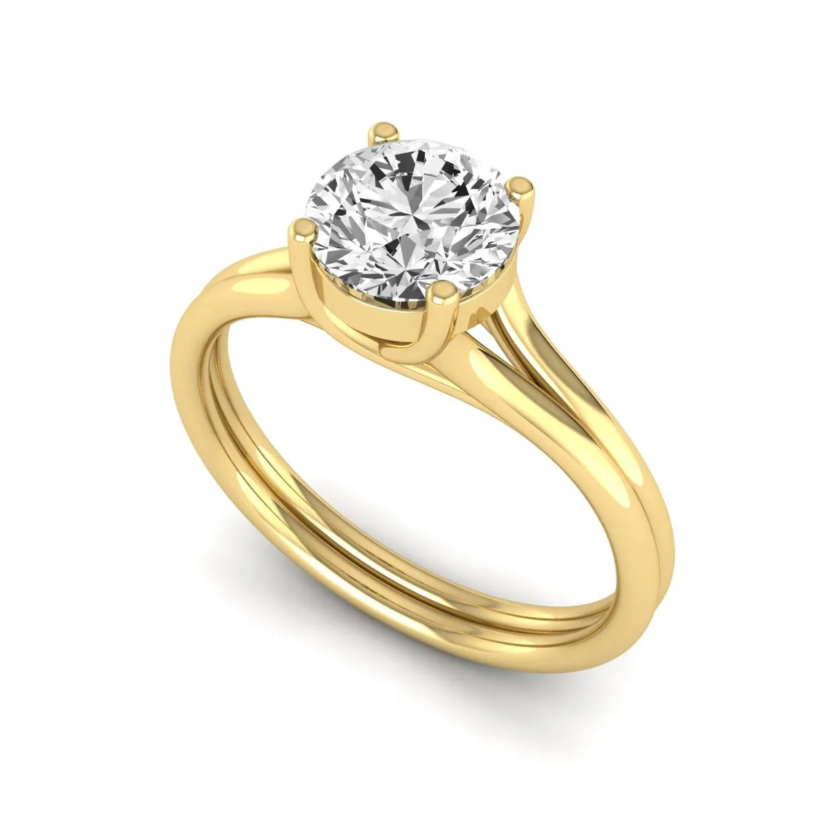 IGI certified 1.04 carat round cut lab grown diamond solitaire engagement ring with elegant split shank in yellow gold.