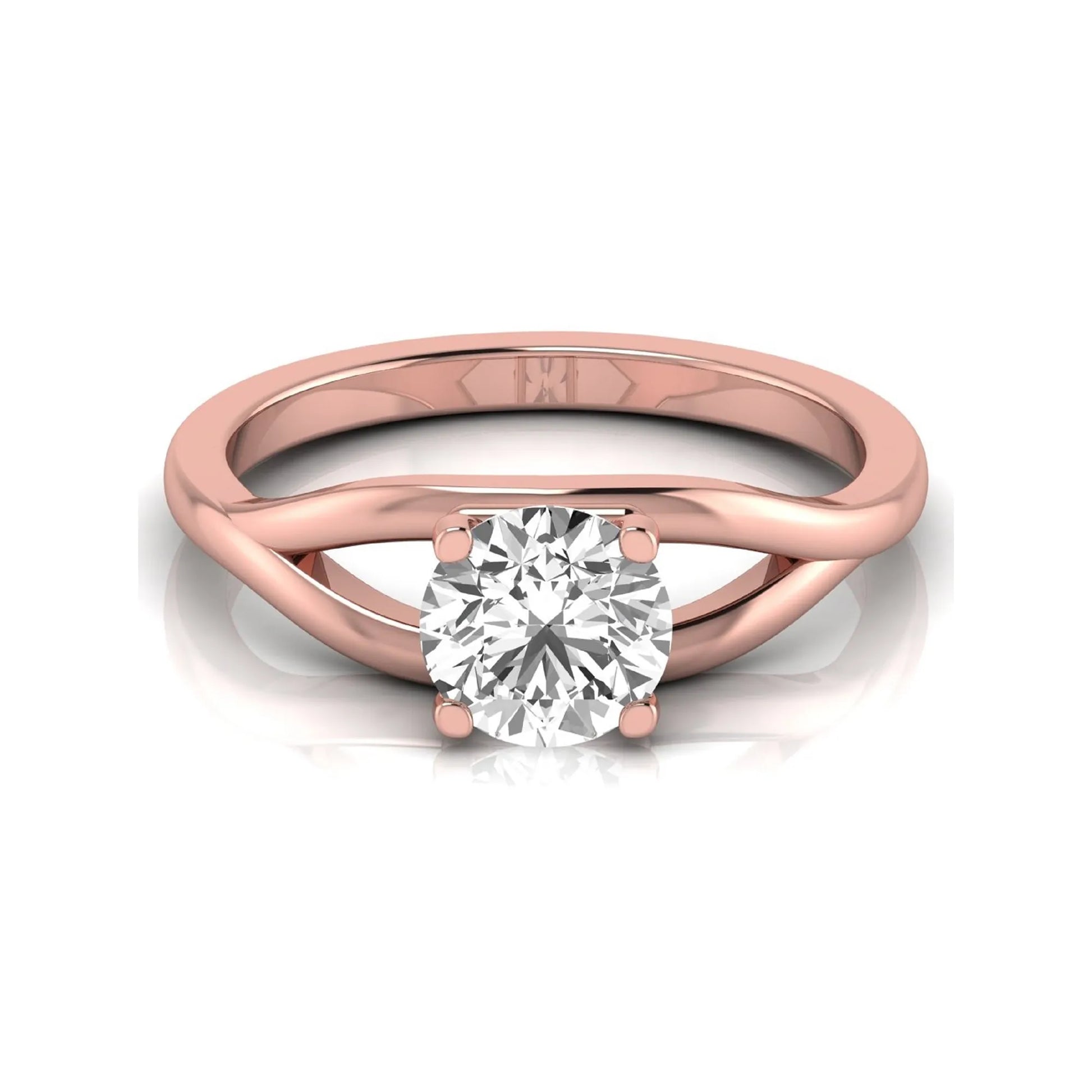 Round cut lab grown diamond solitaire engagement ring with split shank design in rose gold style.