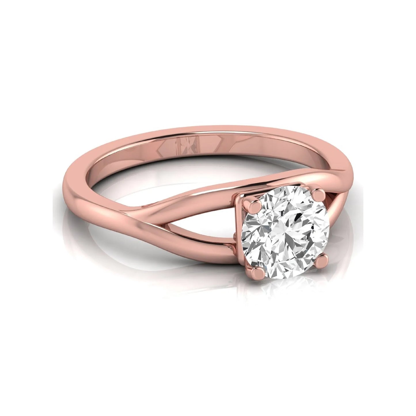 Round cut lab grown diamond solitaire engagement ring with split shank design in rose gold style.