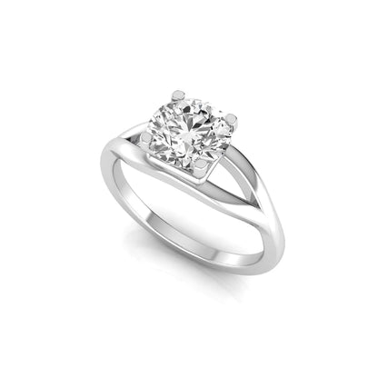 Round cut lab grown diamond solitaire engagement ring with split shank design in white gold style.