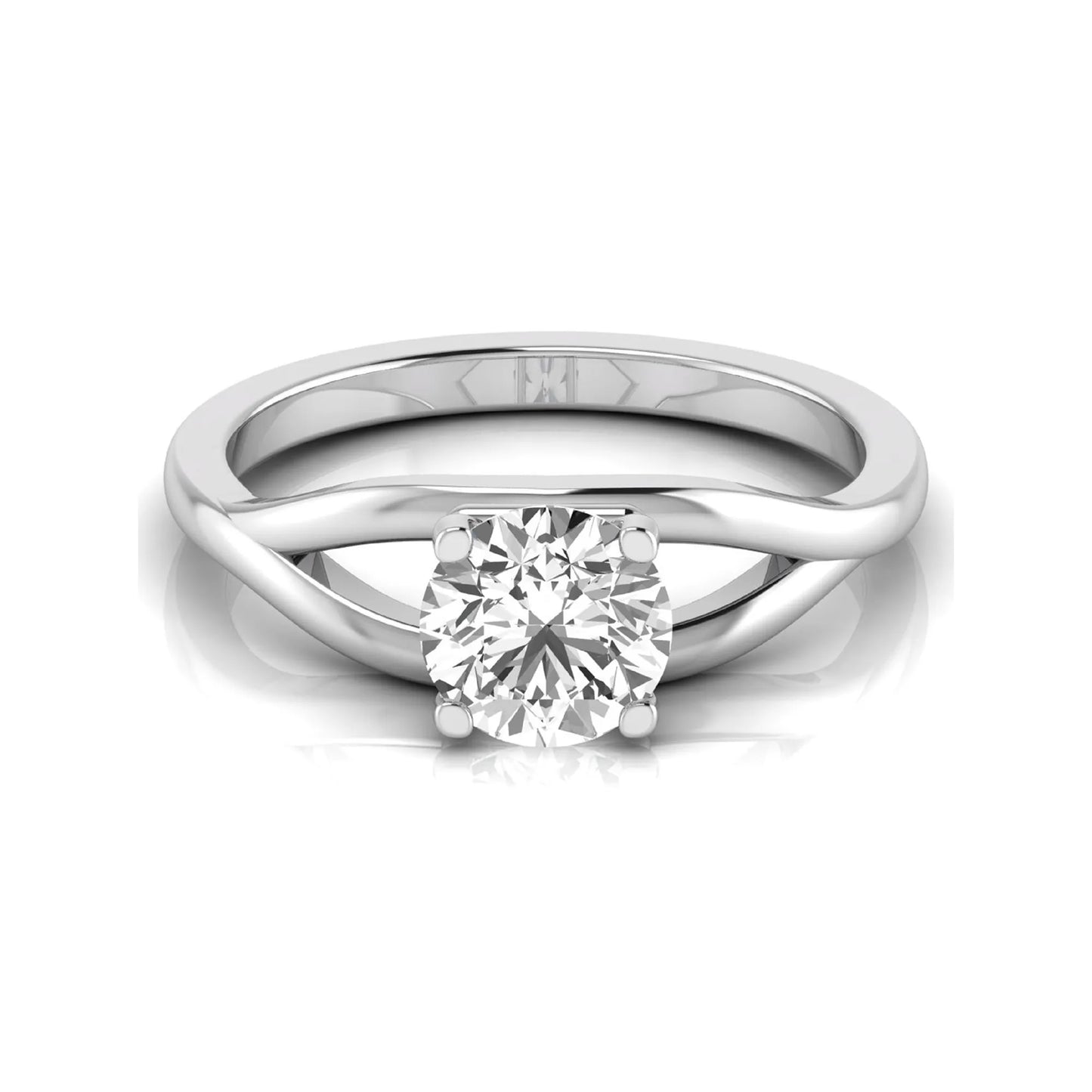 Round cut lab grown diamond solitaire engagement ring with split shank design in white gold style.
