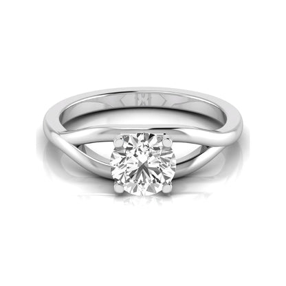 Round cut lab grown diamond solitaire engagement ring with split shank design in white gold style.