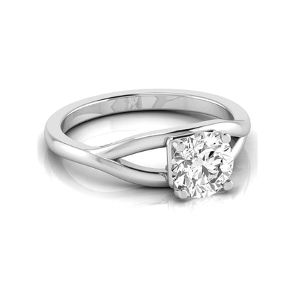 Round cut lab grown diamond solitaire engagement ring with split shank design in white gold style.