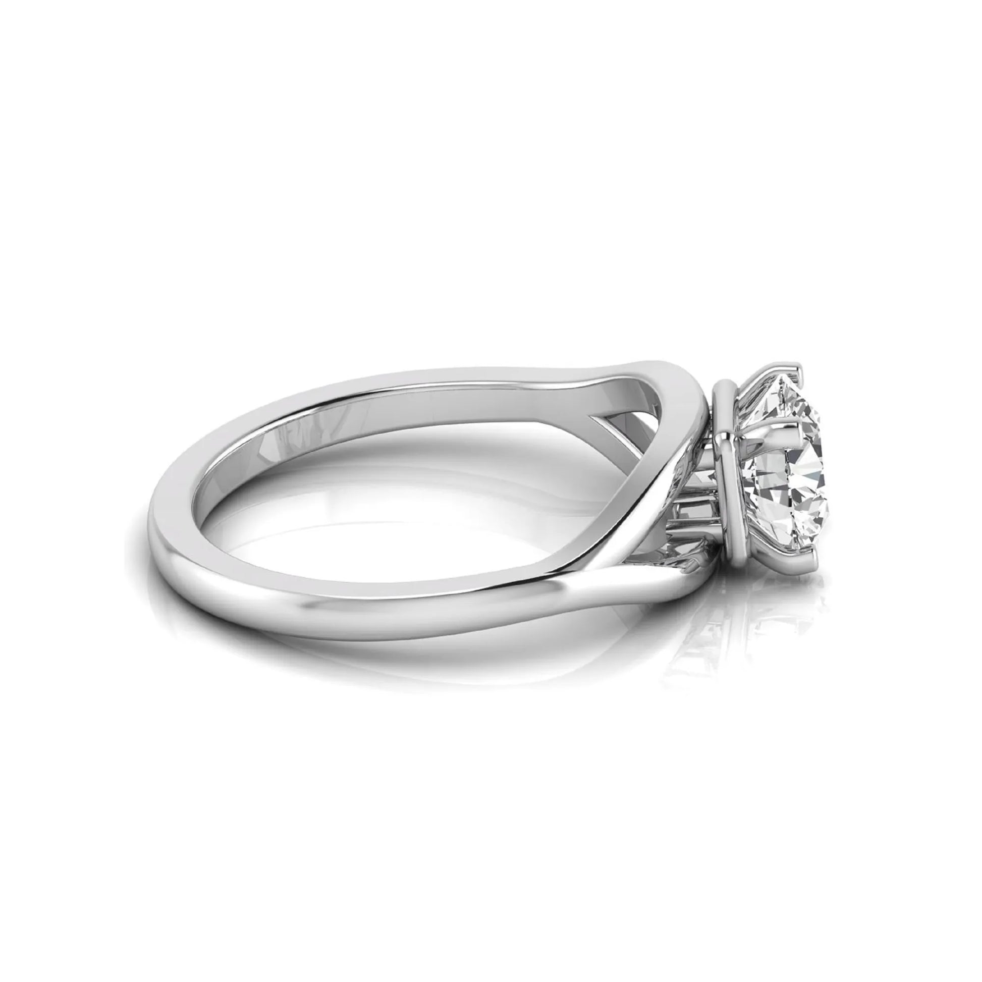 Round cut lab grown diamond solitaire engagement ring with split shank design in white gold style.
