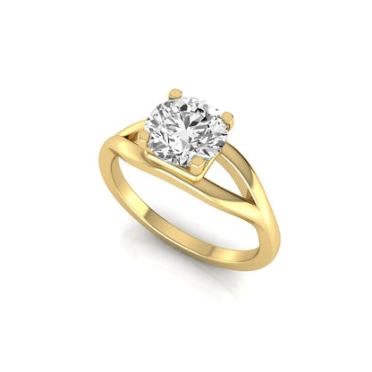 Round cut lab grown diamond solitaire engagement ring with split shank design in yellow gold style.