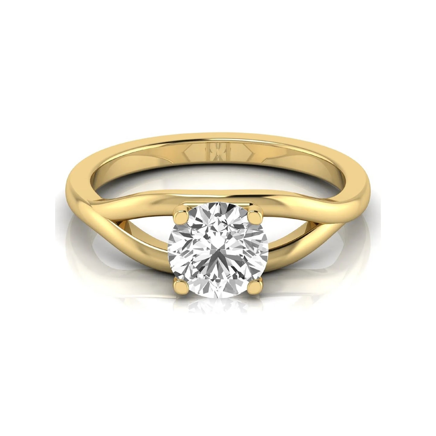 Round cut lab grown diamond solitaire engagement ring with split shank design in yellow gold style.