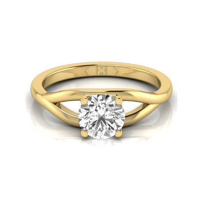 Round cut lab grown diamond solitaire engagement ring with split shank design in yellow gold style.