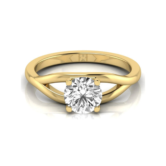 Round cut lab grown diamond solitaire engagement ring with split shank design in yellow gold style.