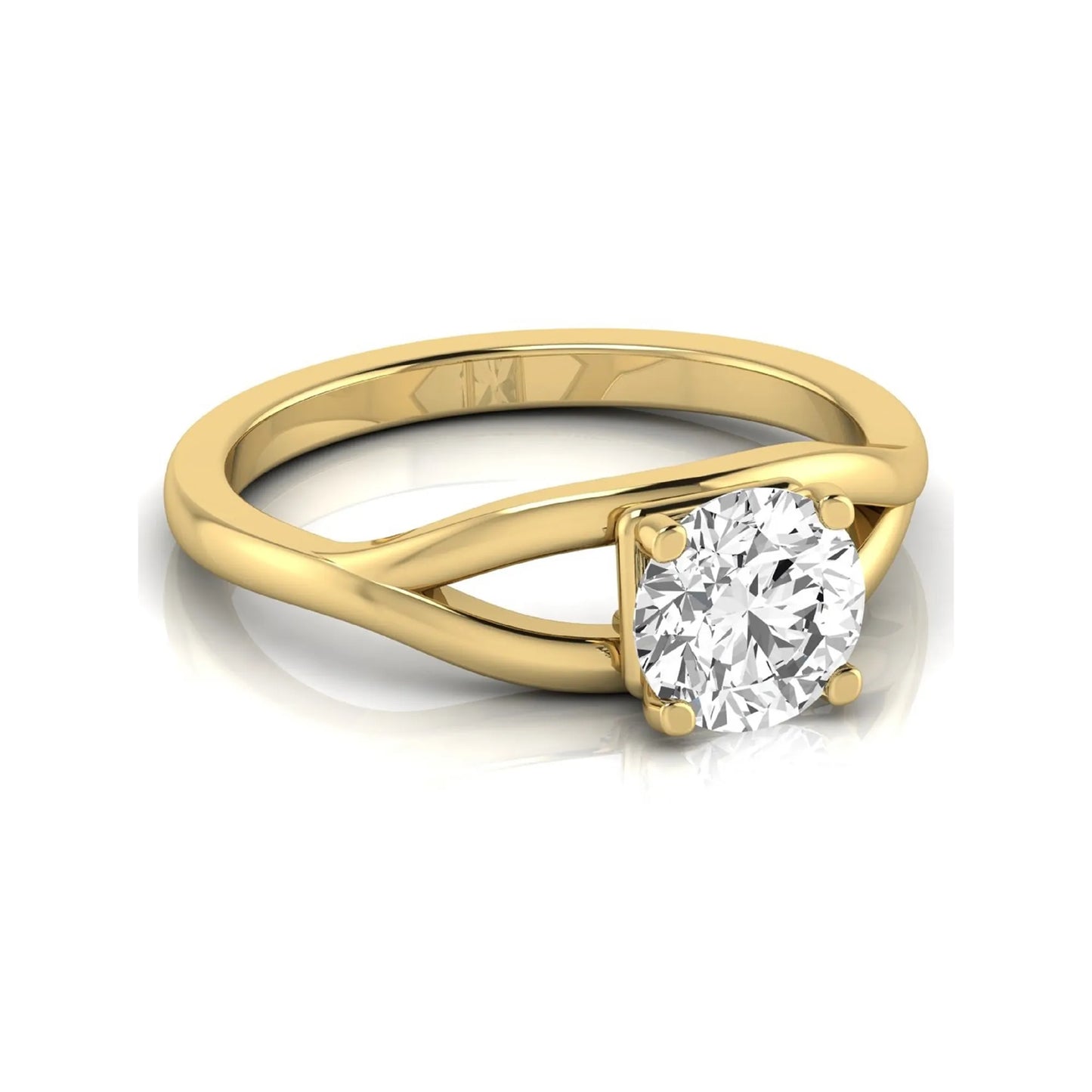 Round cut lab grown diamond solitaire engagement ring with split shank design in yellow gold style.