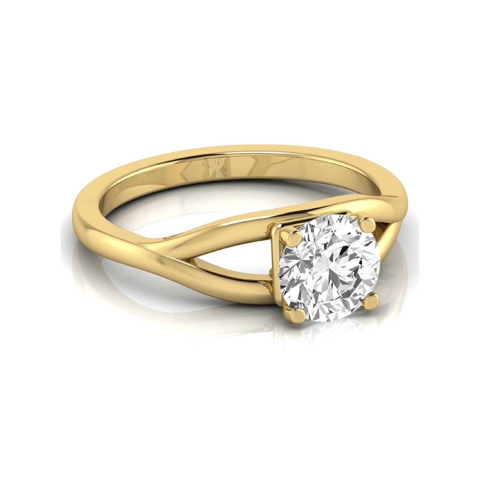 Round cut lab grown diamond solitaire engagement ring with split shank design in yellow gold style.